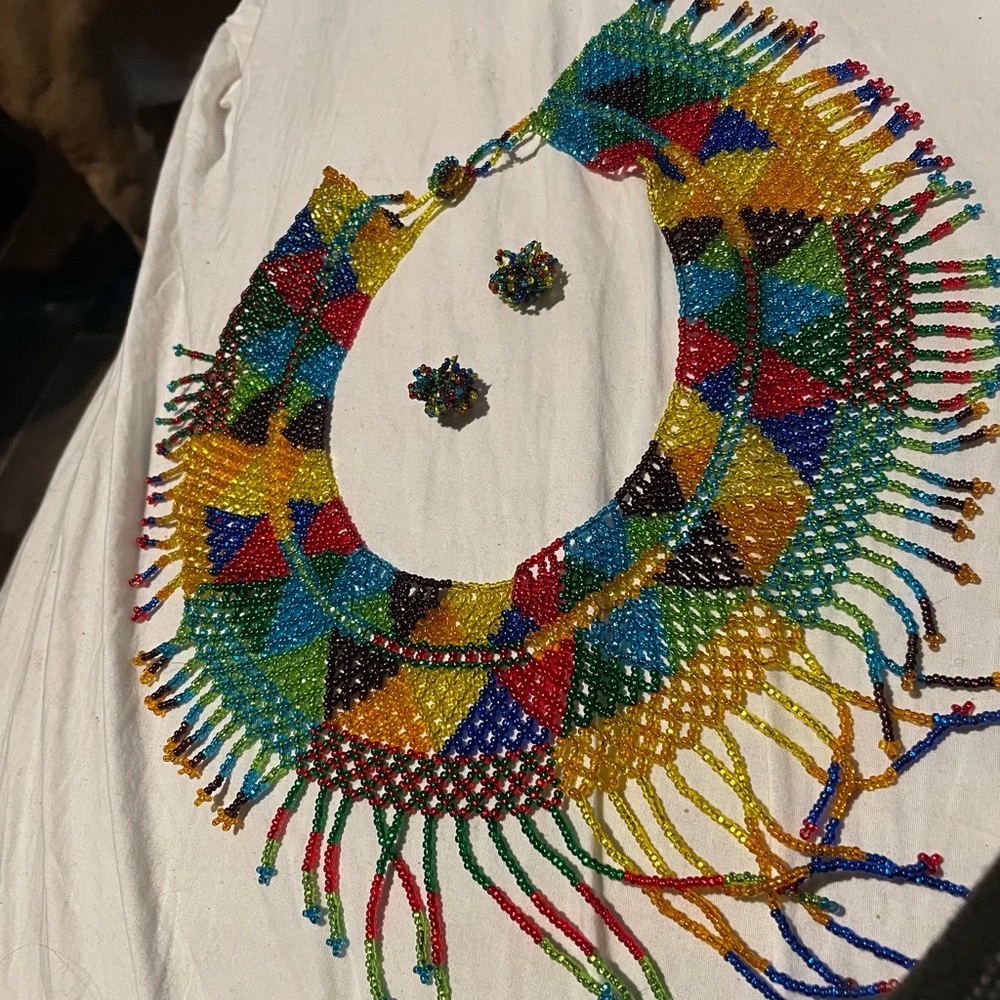 Vibrant Multicolored Beaded Collar Necklace with Fringes